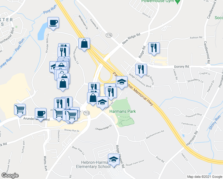 map of restaurants, bars, coffee shops, grocery stores, and more near 7522 Teague Road in Hanover
