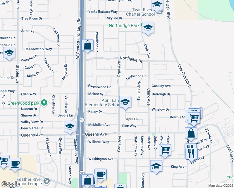 map of restaurants, bars, coffee shops, grocery stores, and more near 1111 Melton Drive in Yuba City