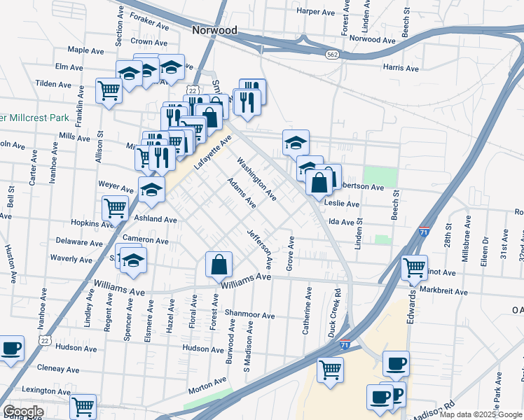map of restaurants, bars, coffee shops, grocery stores, and more near 4328 Floral Avenue in Cincinnati