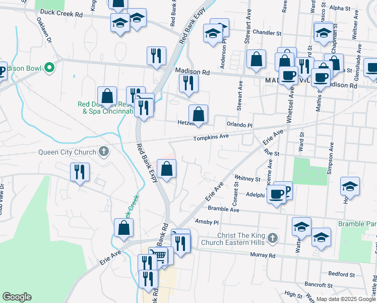 map of restaurants, bars, coffee shops, grocery stores, and more near 5343 Tompkins Avenue in Cincinnati