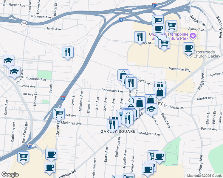 map of restaurants, bars, coffee shops, grocery stores, and more near 2920 Robertson Avenue in Cincinnati