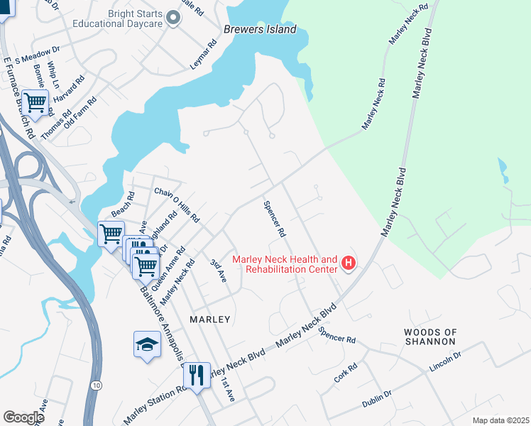 map of restaurants, bars, coffee shops, grocery stores, and more near 7606 Spencer Road in Glen Burnie