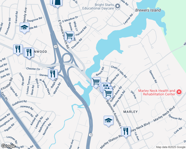 map of restaurants, bars, coffee shops, grocery stores, and more near 1 Beach Road in Glen Burnie