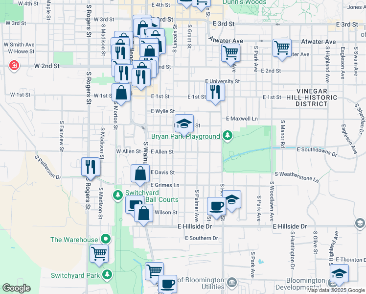 map of restaurants, bars, coffee shops, grocery stores, and more near 910 South Grant Street in Bloomington