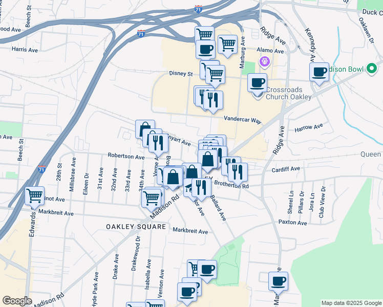 map of restaurants, bars, coffee shops, grocery stores, and more near 4443 Brazee Street in Cincinnati