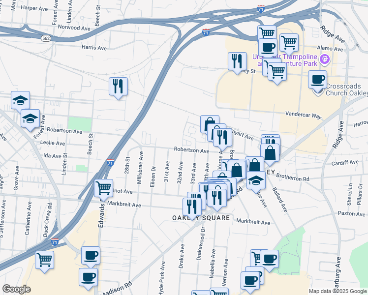 map of restaurants, bars, coffee shops, grocery stores, and more near 2900 Robertson Avenue in Cincinnati