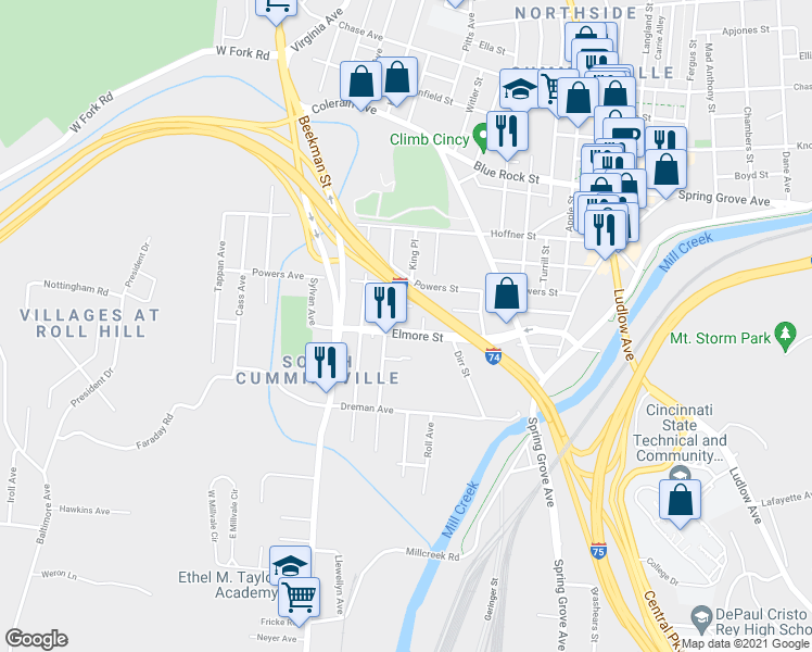 map of restaurants, bars, coffee shops, grocery stores, and more near 1778 Elmore Street in Cincinnati