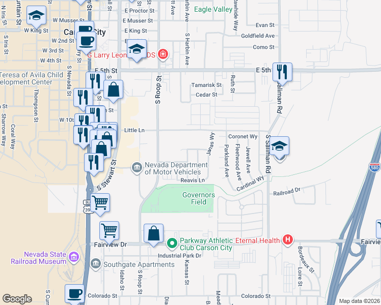 map of restaurants, bars, coffee shops, grocery stores, and more near 865 Tonka Lane in Carson City