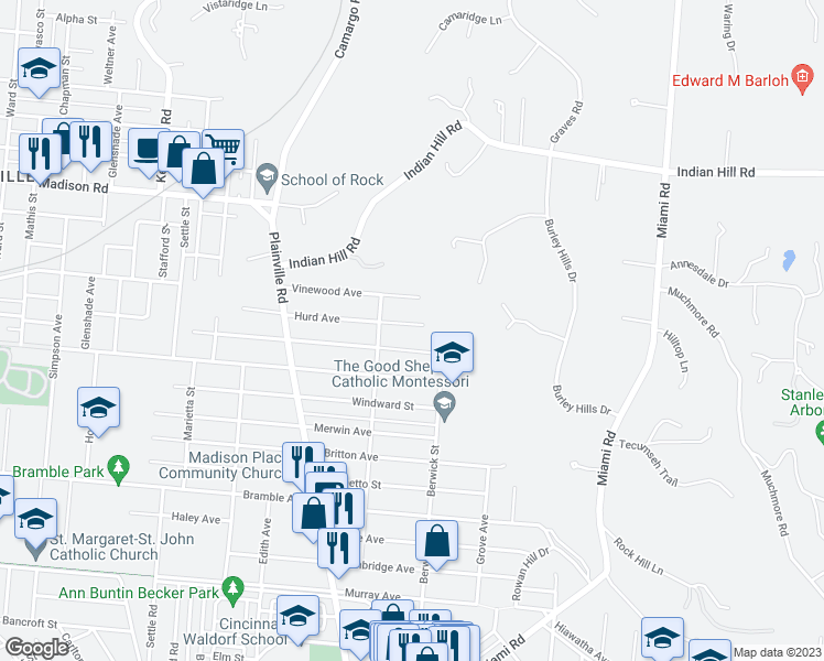 map of restaurants, bars, coffee shops, grocery stores, and more near 6933 Hurd Avenue in Cincinnati