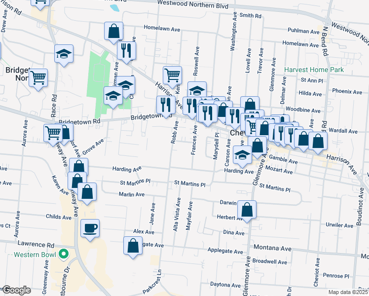 map of restaurants, bars, coffee shops, grocery stores, and more near 3739 Frances Avenue in Cincinnati