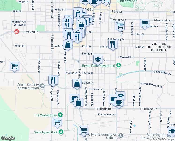map of restaurants, bars, coffee shops, grocery stores, and more near 915 South Washington Street in Bloomington
