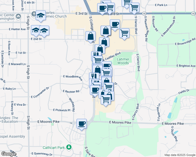map of restaurants, bars, coffee shops, grocery stores, and more near 919 South College Mall Road in Bloomington