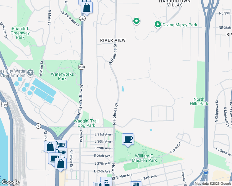 map of restaurants, bars, coffee shops, grocery stores, and more near 3451 North Holmes Street in Kansas City