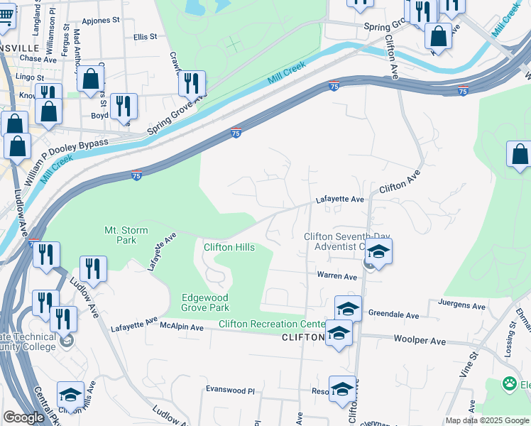 map of restaurants, bars, coffee shops, grocery stores, and more near 500 Lafayette Avenue in Cincinnati