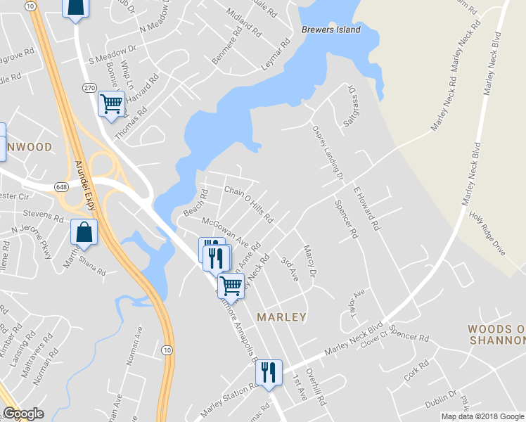 map of restaurants, bars, coffee shops, grocery stores, and more near 201 McGuirk Drive in Glen Burnie