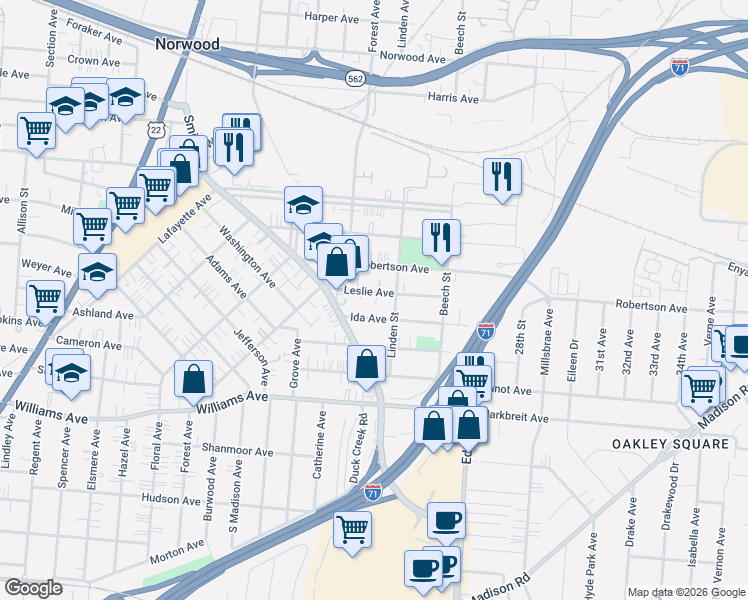 map of restaurants, bars, coffee shops, grocery stores, and more near 4344 Leslie Avenue in Cincinnati