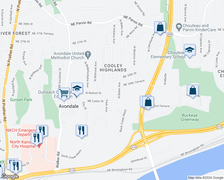 map of restaurants, bars, coffee shops, grocery stores, and more near 3407 Northeast Monterey Avenue in Kansas City
