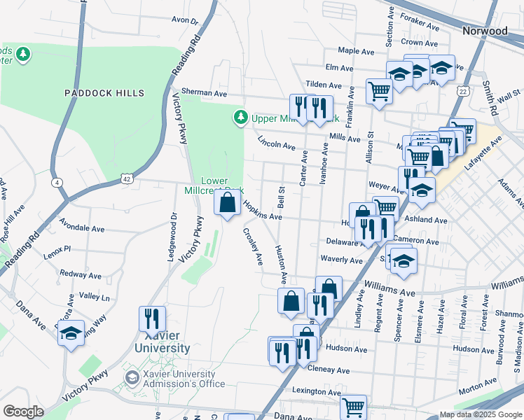 map of restaurants, bars, coffee shops, grocery stores, and more near 1734 Hopkins Avenue in Cincinnati
