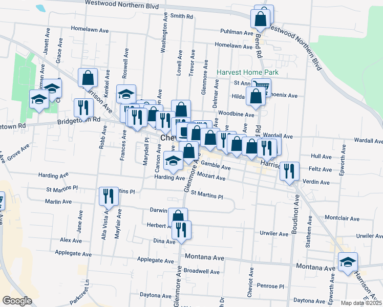 map of restaurants, bars, coffee shops, grocery stores, and more near 3709 Harrison Avenue in Cincinnati