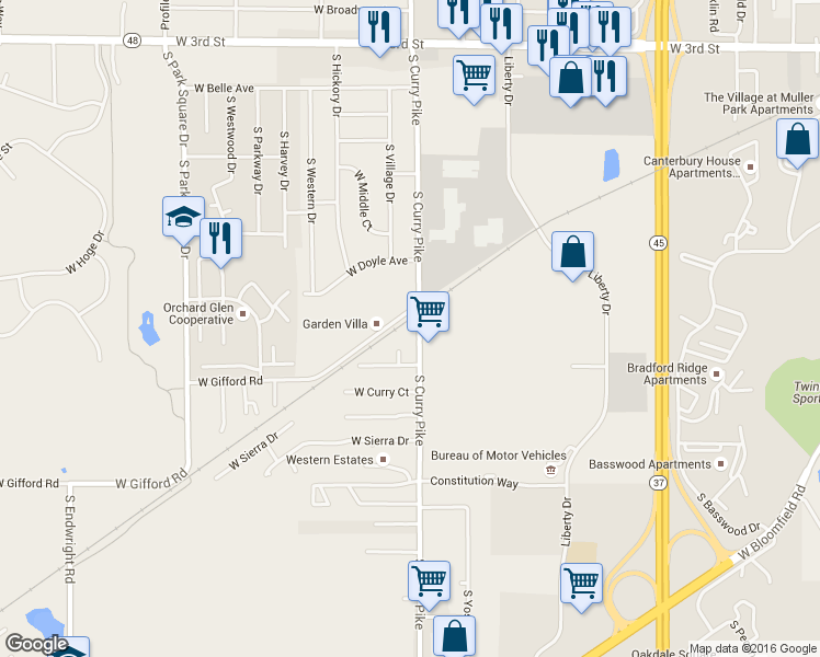 map of restaurants, bars, coffee shops, grocery stores, and more near 1200 South Curry Pike in Bloomington