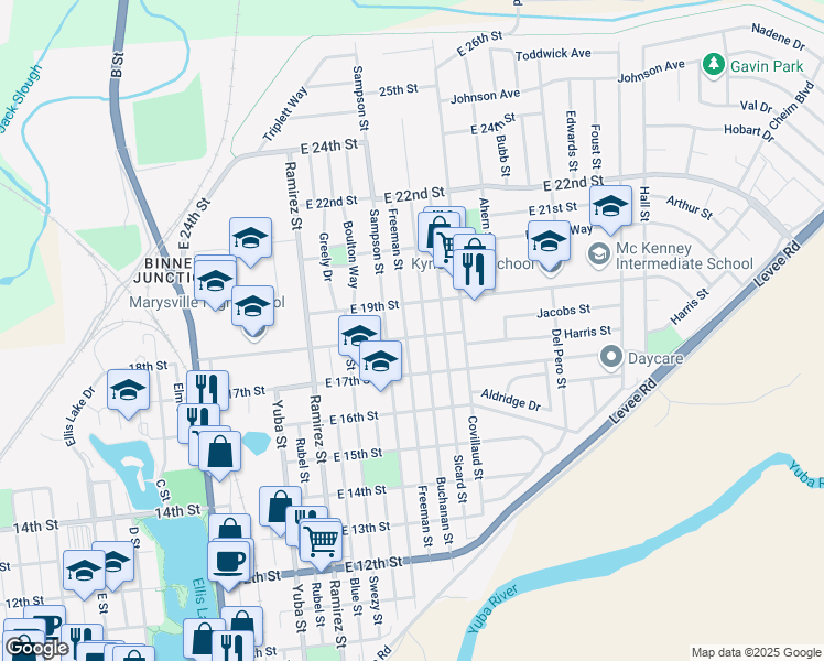 map of restaurants, bars, coffee shops, grocery stores, and more near 321 East 18th Street in Marysville