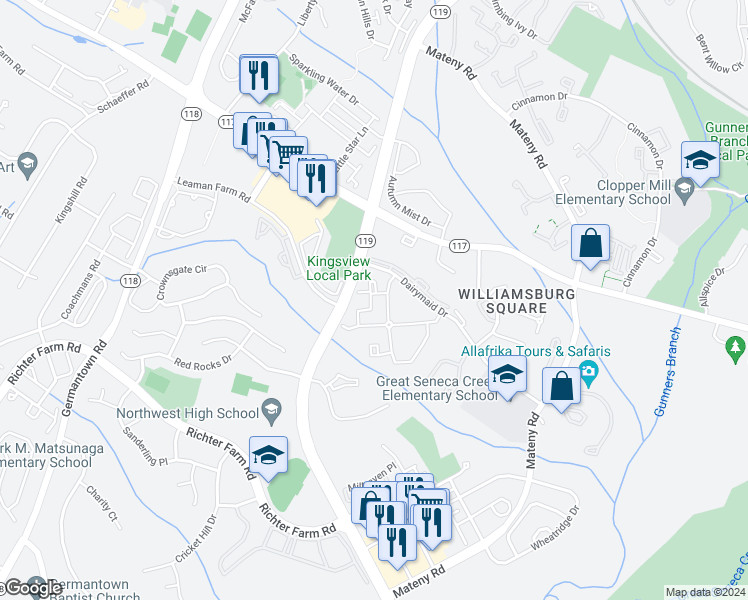 map of restaurants, bars, coffee shops, grocery stores, and more near 18237 Swiss Circle in Germantown