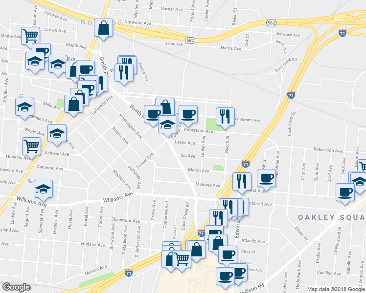 map of restaurants, bars, coffee shops, grocery stores, and more near 4344 Leslie Avenue in Cincinnati