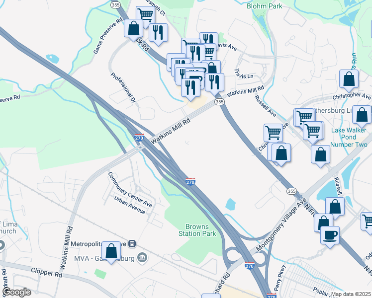 map of restaurants, bars, coffee shops, grocery stores, and more near 655 Watkins Mill Road in Gaithersburg