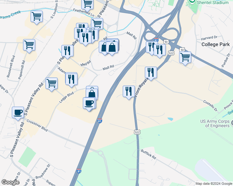 map of restaurants, bars, coffee shops, grocery stores, and more near 166 Windy Hill Lane in Winchester