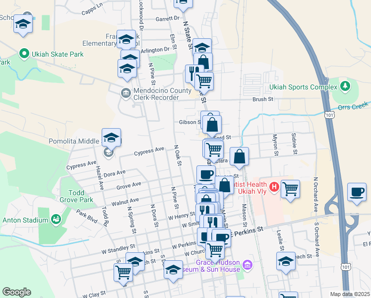 map of restaurants, bars, coffee shops, grocery stores, and more near 825 North Oak Street in Ukiah