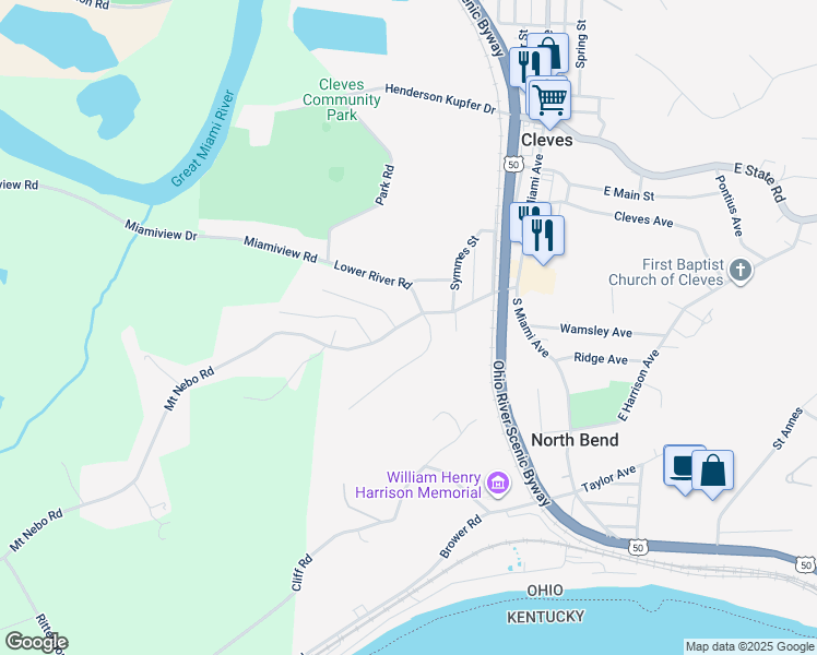 map of restaurants, bars, coffee shops, grocery stores, and more near 319 Mount Nebo Road in Cleves