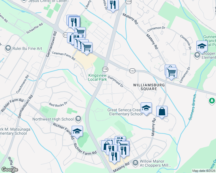 map of restaurants, bars, coffee shops, grocery stores, and more near 18239 Swiss Circle in Germantown