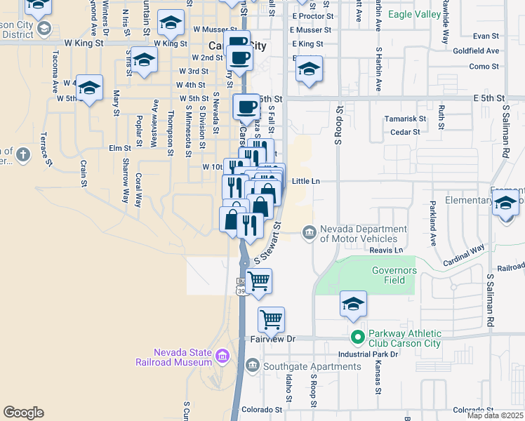 map of restaurants, bars, coffee shops, grocery stores, and more near 1227 South Carson Street in Carson City