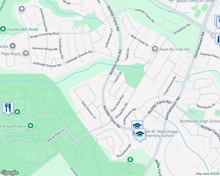 map of restaurants, bars, coffee shops, grocery stores, and more near 18201 Buskin Lane in Boyds
