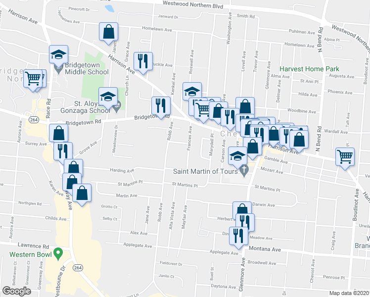 map of restaurants, bars, coffee shops, grocery stores, and more near 3739 Frances Avenue in Cincinnati