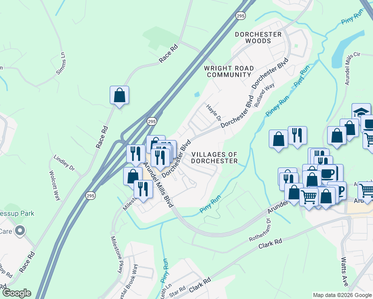 map of restaurants, bars, coffee shops, grocery stores, and more near 1702 Allerford Drive in Severn