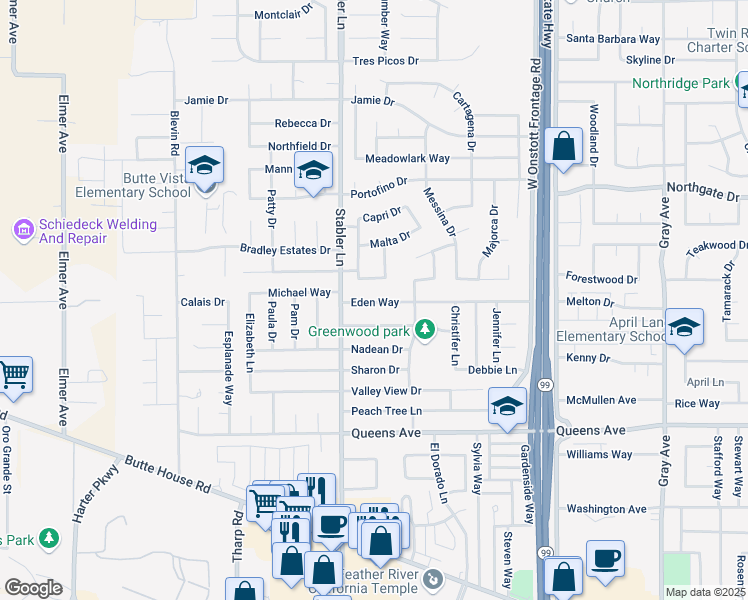 map of restaurants, bars, coffee shops, grocery stores, and more near 1551 Eden Way in Yuba City