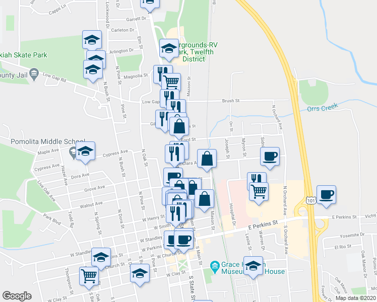 map of restaurants, bars, coffee shops, grocery stores, and more near 625 North State Street in Ukiah