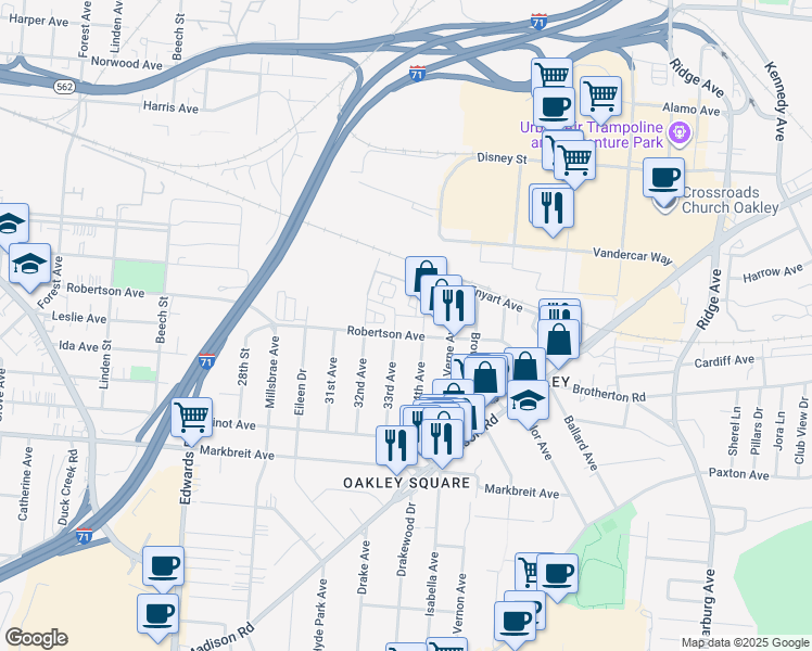 map of restaurants, bars, coffee shops, grocery stores, and more near 2960 Robertson Avenue in Cincinnati