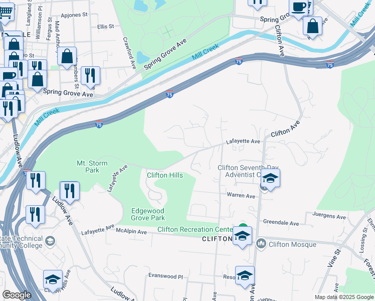 map of restaurants, bars, coffee shops, grocery stores, and more near 500 Lafayette Avenue in Cincinnati
