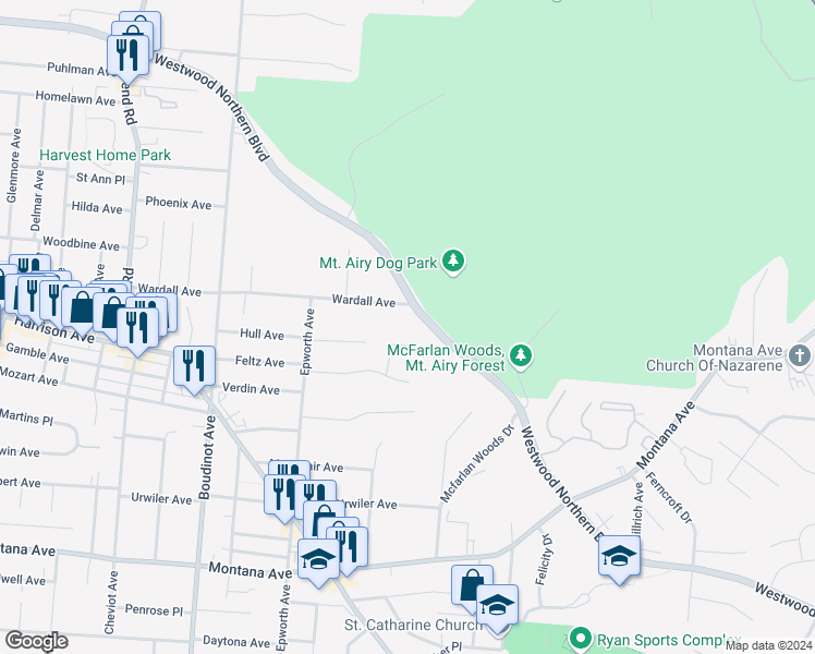 map of restaurants, bars, coffee shops, grocery stores, and more near 2858 Mcfarlan Park Drive in Cincinnati