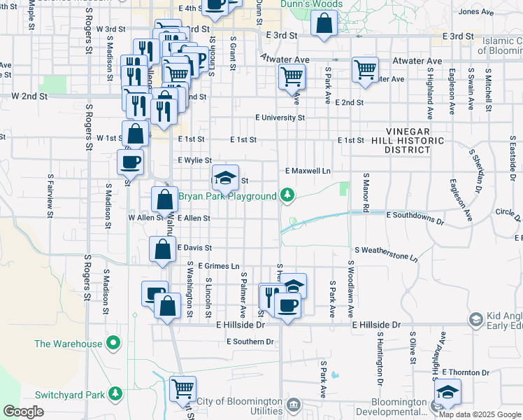 map of restaurants, bars, coffee shops, grocery stores, and more near 926 South Henderson Street in Bloomington