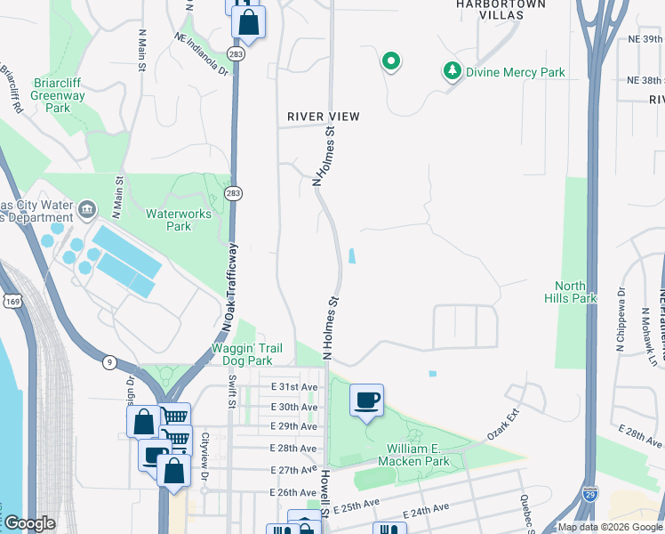 map of restaurants, bars, coffee shops, grocery stores, and more near 3451 North Holmes Street in Kansas City
