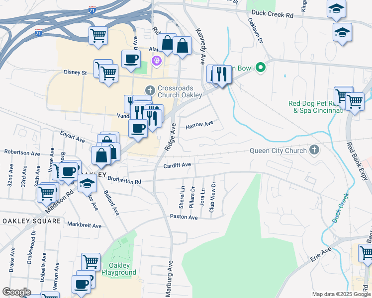map of restaurants, bars, coffee shops, grocery stores, and more near 4460 Orkney Avenue in Cincinnati