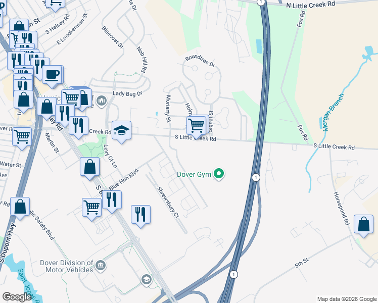 map of restaurants, bars, coffee shops, grocery stores, and more near 551 Roberta Avenue in Dover