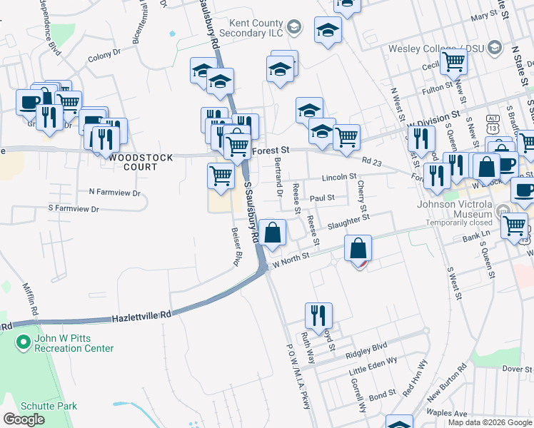 map of restaurants, bars, coffee shops, grocery stores, and more near 1006 Hayes Circle in Dover