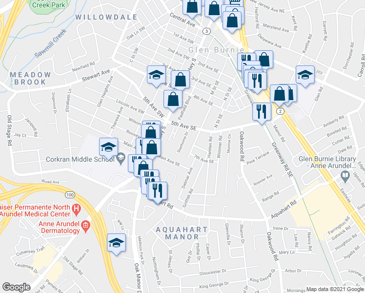 map of restaurants, bars, coffee shops, grocery stores, and more near 509 Stanhome Drive in Glen Burnie