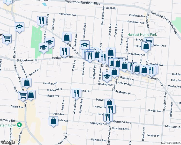 map of restaurants, bars, coffee shops, grocery stores, and more near 3744 Wilmar Drive in Cincinnati