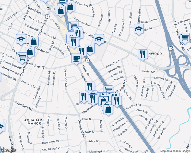 map of restaurants, bars, coffee shops, grocery stores, and more near 527 Westway Road in Glen Burnie