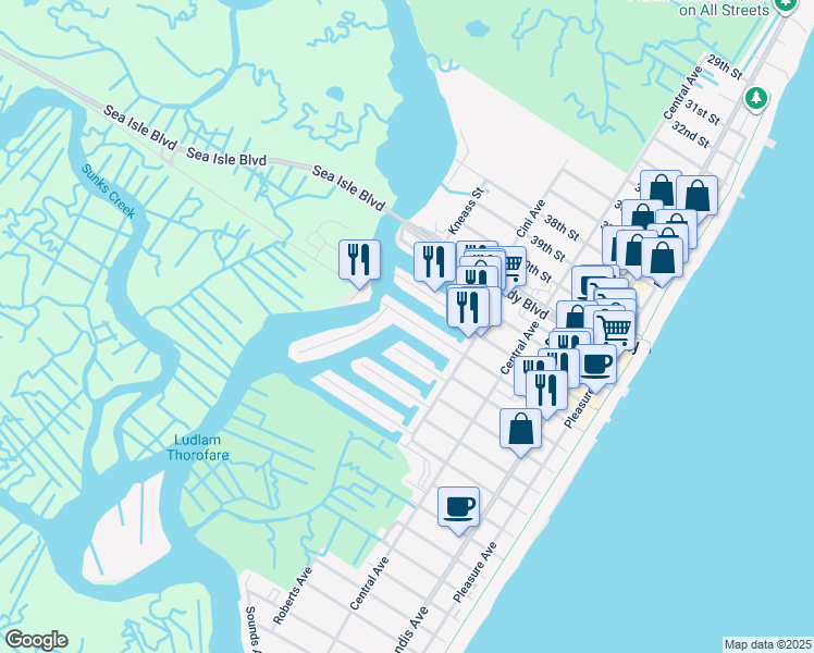 map of restaurants, bars, coffee shops, grocery stores, and more near 354 44th Street in Sea Isle City